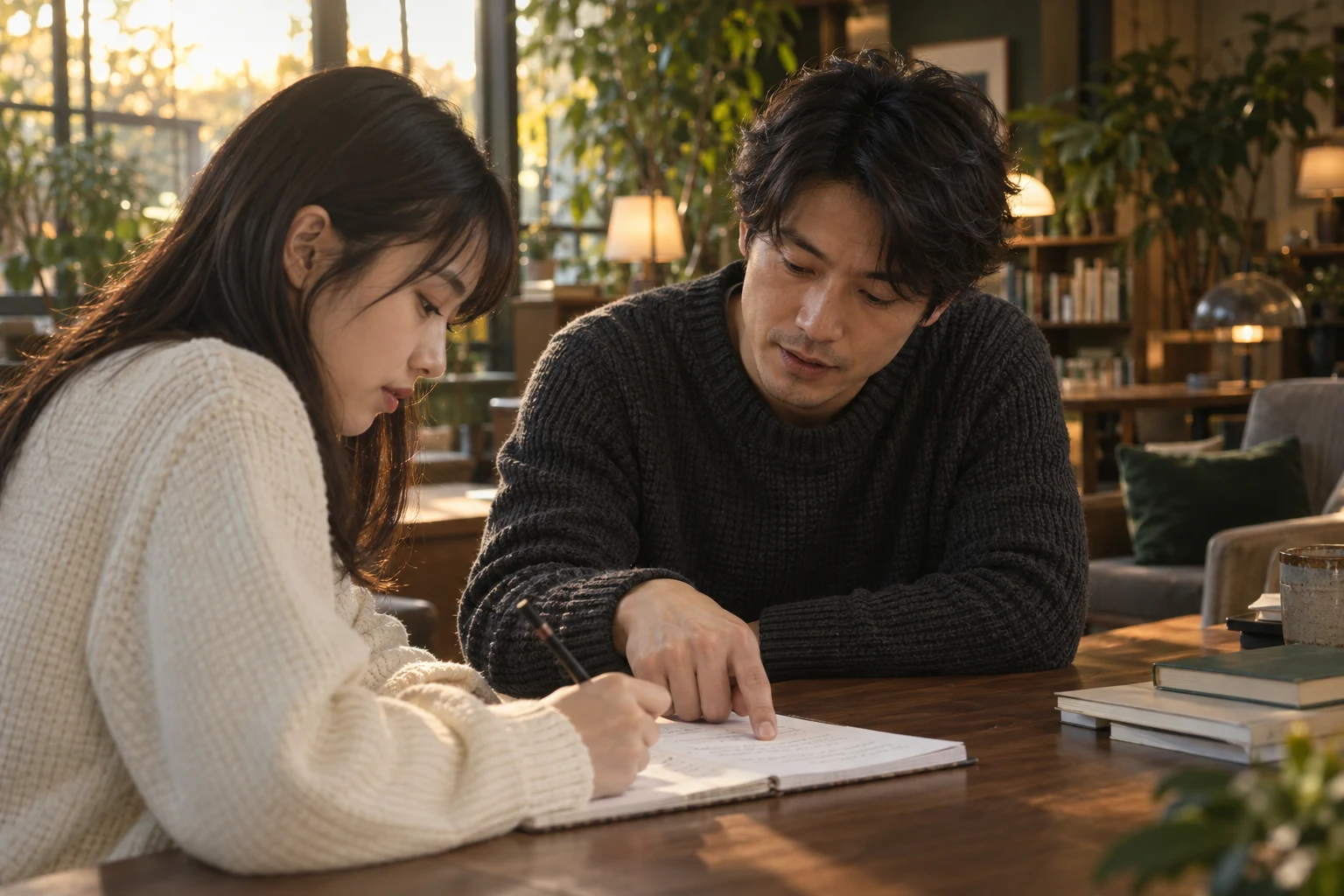 ノートに向き合う生徒と講師